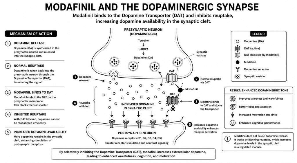 Pharmacological diagram showing modafinil's mechanism of action at the dopaminergic synapse and its effects on orexin, histamine, and glutamate systems