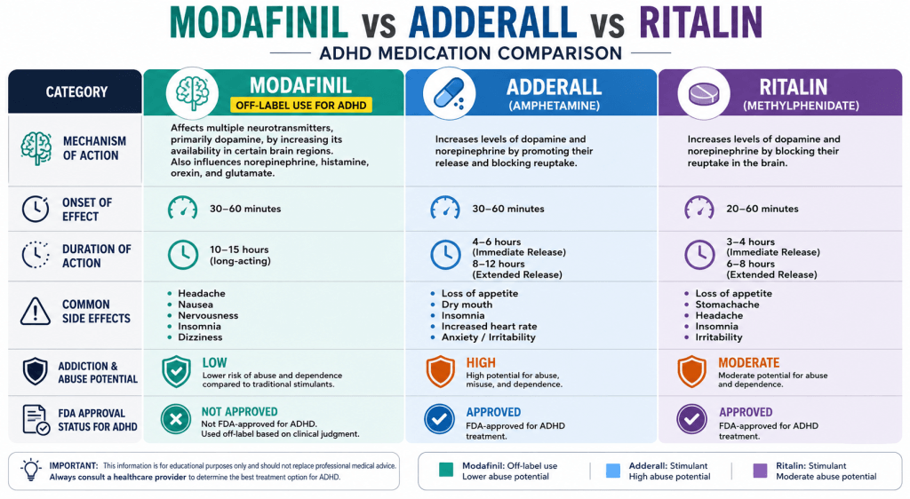 Comparison chart modafinil vs Adderall vs Ritalin for ADHD treatment