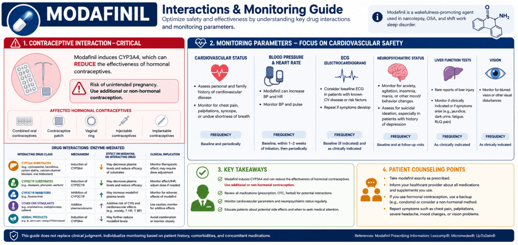 Medical infographic showing modafinil drug interactions, monitoring parameters and key safety considerations for healthcare professionals