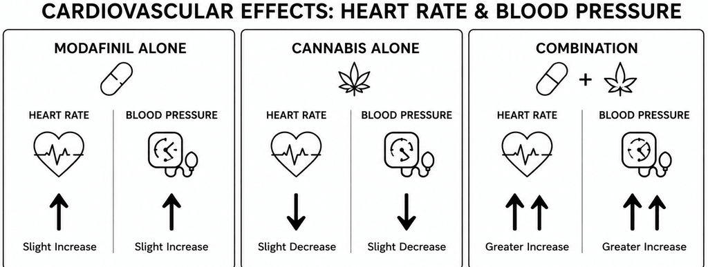 Infographic showing additive cardiovascular risks of combining modafinil and cannabis with heart rate and blood pressure effects