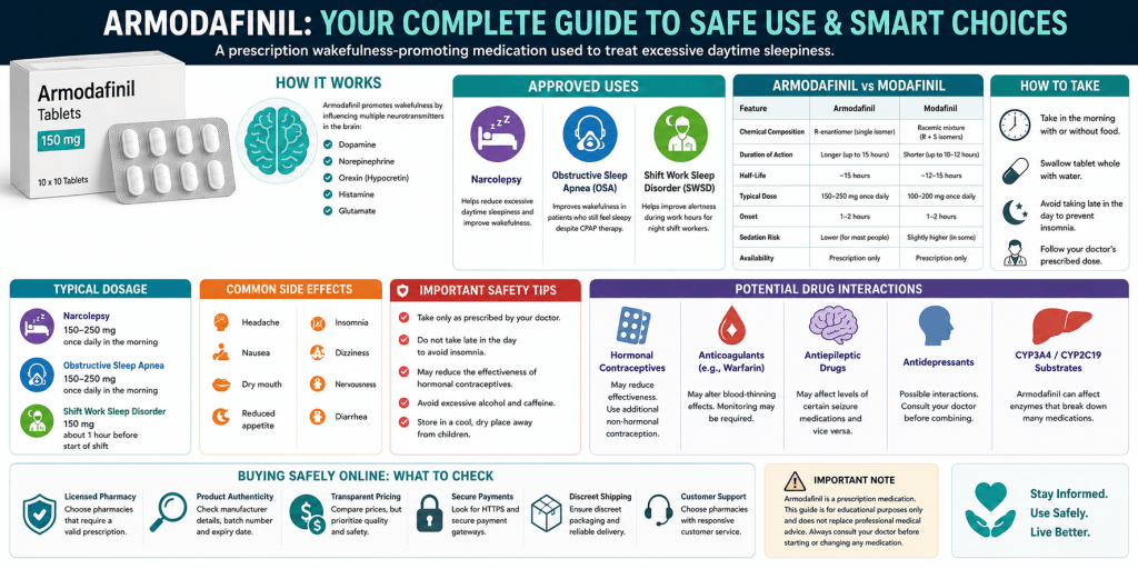 Armodafinil infographic showing how the medication works, approved uses, dosage information, side effects, drug interactions, and safe online purchasing tips.