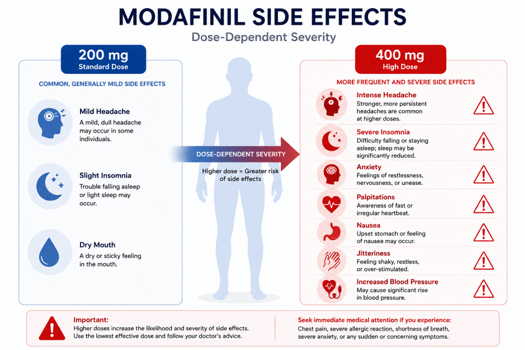Modafinil side effects comparison infographic 200 mg versus 400 mg dose