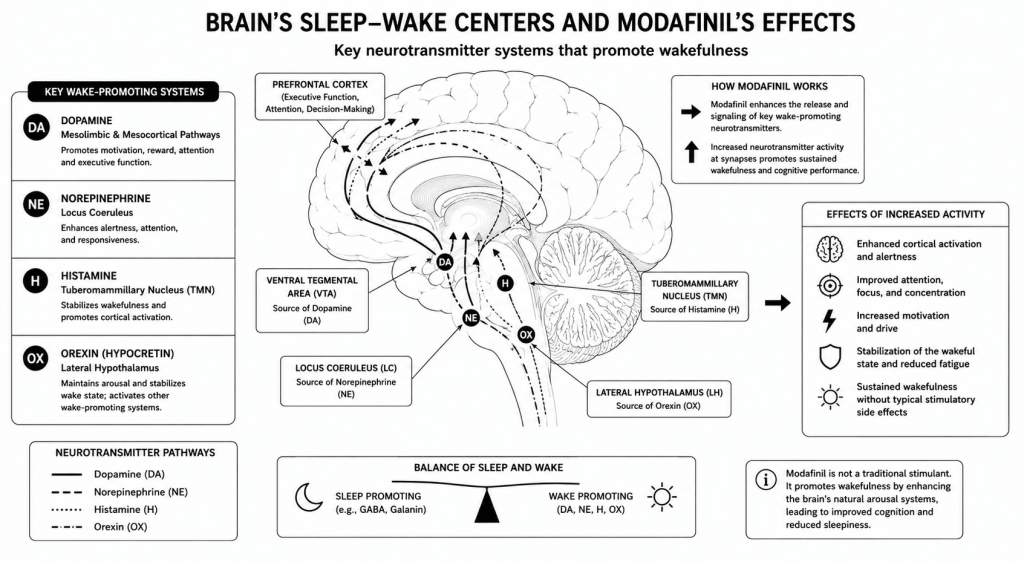 Pharmacological mechanism diagram showing how modafinil increases dopamine, norepinephrine, histamine, and orexin activity in the brain