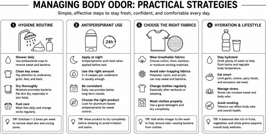 infographic for body odor control: hygiene, antiperspirants, fabric selection, hydration and dietary advice