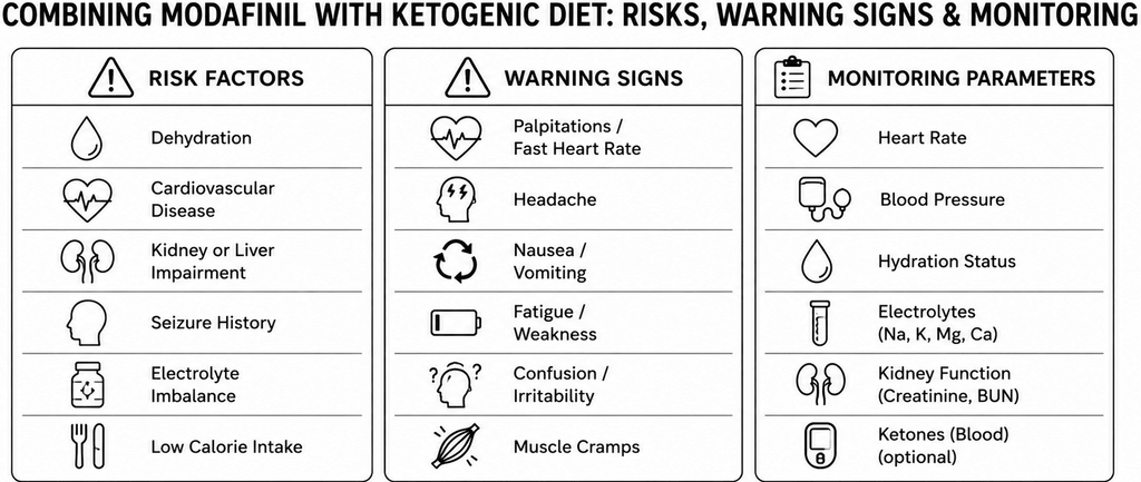 Risk assessment infographic for modafinil and ketogenic diet combination with monitoring recommendations