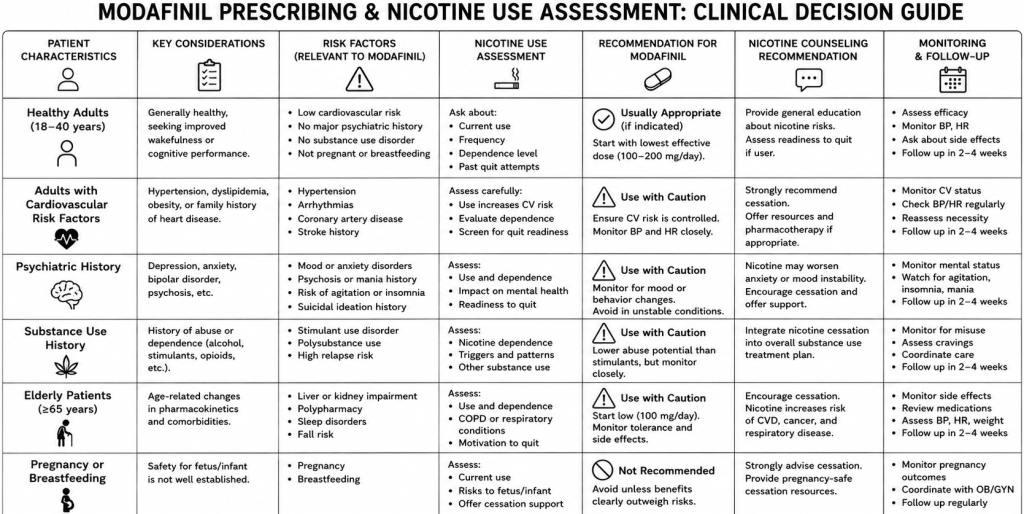 Clinical decision-making table for healthcare providers assessing modafinil and nicotine use risks