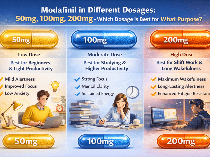 Modafinil in Different Dosages: 50mg, 100mg, 200mg