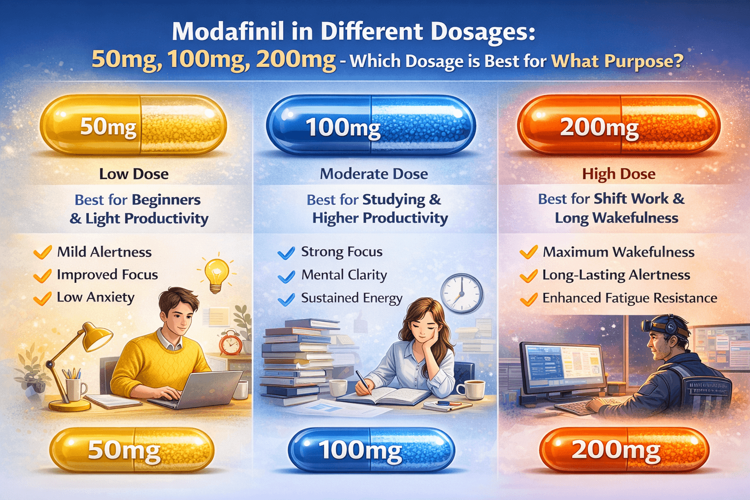 Modafinil in Different Dosages: 50mg, 100mg, 200mg