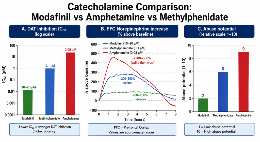 Comparison chart showing modafinil's weak DAT inhibition (IC50 10-20 μM), steady norepinephrine increase (50-100%), and low abuse potential versus methylphenidate and amphetamine.