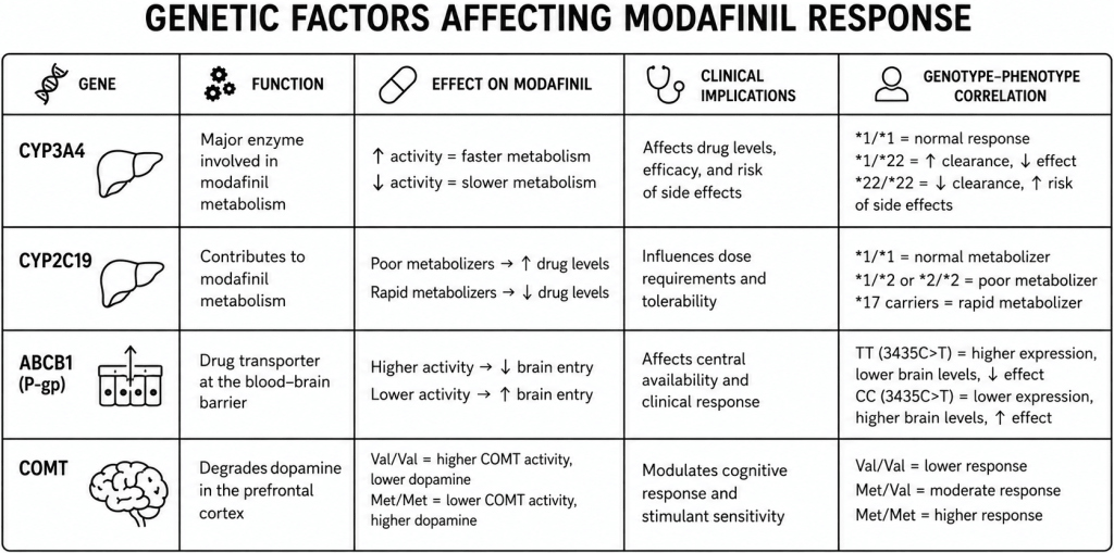 Infographic of key pharmacogenes influencing modafinil response: CYP enzymes, ABCB1 transporter, and COMT variants