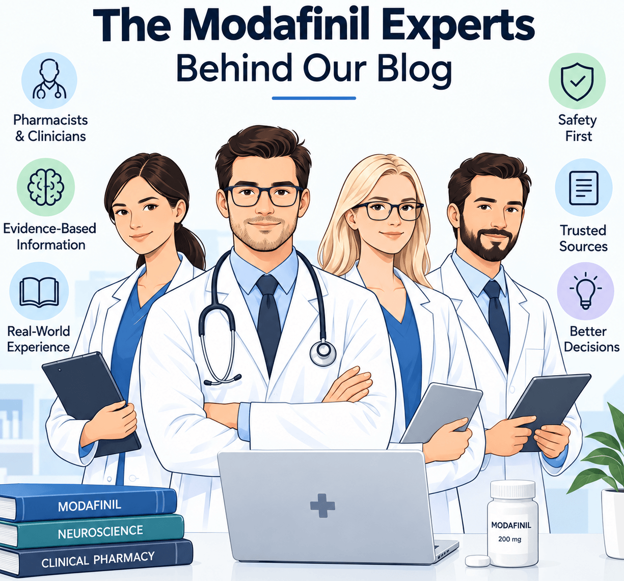 Four medical professionals representing the experts behind a modafinil blog, with icons for evidence-based information, safety, trusted sources, and clinical experience.