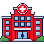 Red hospital building with a white medical cross, blue windows, dark blue outlines, and green bushes on a transparent background.