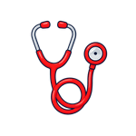 Red medical stethoscope icon on a clean white background, illustrated in a modern minimalist style.